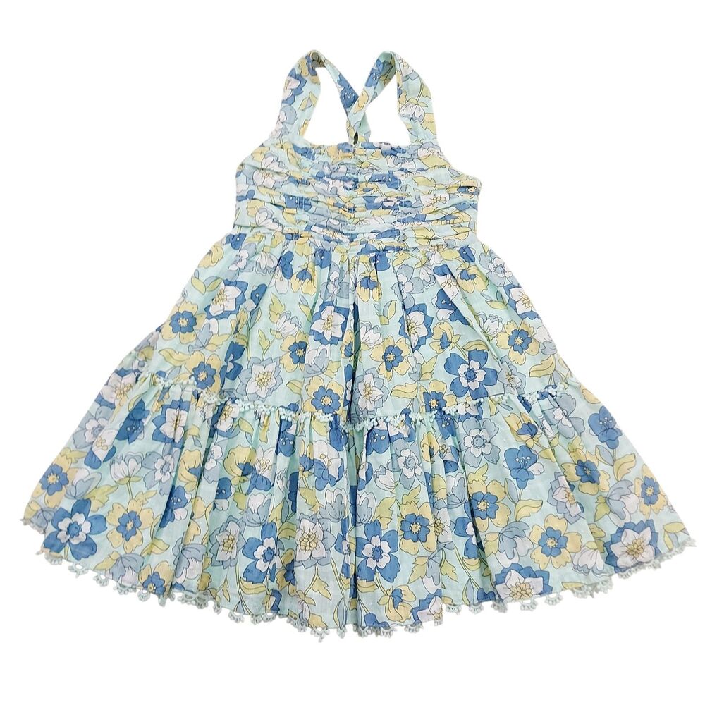 Haute Hippie Kids Girls 7 Blue Yellow Tiered Sun Dress Floral Cotton Strappy